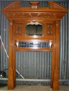 Large Vintage Solid Timber (Oak) Mantel with Mirror & Tiles