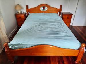 Queen bed frame, mattress and bedside tables