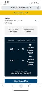 Hozier tickets- 1 Pair- Perth - November 2024 - pending