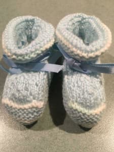 Hand Knitted Baby Booties, never used, white, blue, lemon