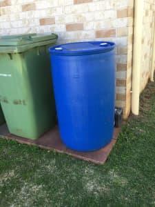 Large blue plastic drums 205 litre barrel