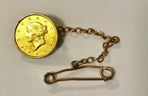 Antique American Liberty 1 dollar gold coin brooch 1849