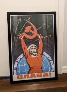 Framed Soviet cosmonaut propaganda poster