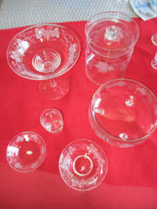 Decorative glass items with grape leaf etched design - $20 the lot