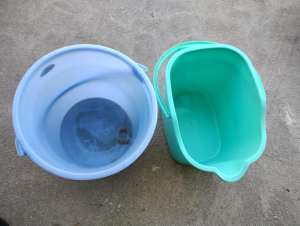 Two buckets of blue and green for sale