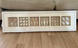 110cm box framed beach shells, white frame damaged in corners