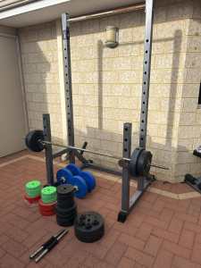 Bench, Squat rack and weights