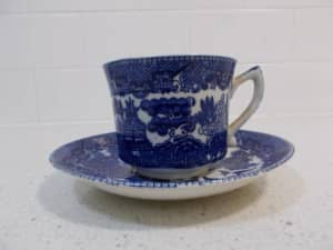 Antique BLUE and White PORCELAIN TEACUP and SAUCER set unmarked GC