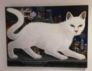 Original oil painting, beautiful white cat in city landscape