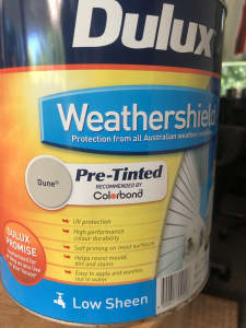Dulux Weathershield exterior paint. 4 litres Dune colourbond pretinted