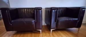 Chocolate brown Italian leather armchairs / chrome legs