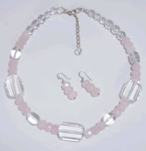 Rose & Clear Quartz Necklace & Earrings Set Sterling Silver Pre-loved 