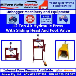 Millers Falls 12 Ton Air Hydraulic Press Foot Valve Sliding Head