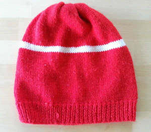 Red and white knitted beanie (home made) - great for Dolphins NRL