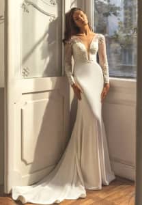 Lace Sleeve Crepe, Satin & Beaded Lace Plunging V-Neck Wedding Dress