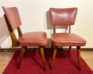 Set of 2 early 60s WAFFs teak wooden chairs red brown vinyl.