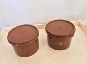 2 retro vintage brown plastic Tupperware tub storage cannisters