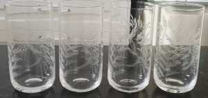 4 Pottery Barn highball etched drinking glasses 15cm high x 7.5cm