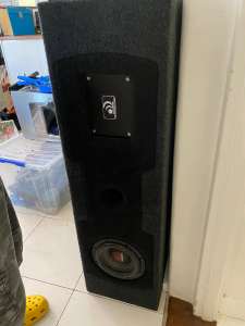 Massive Audio Hippo sub with amp in ported cabinet. 
