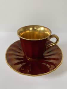 Wade Royal Victoria Red & Gold Scalloped Demitasse Cup & Saucer
