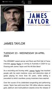 1 x James Taylor Ticket ICC Sydney 23/4/24