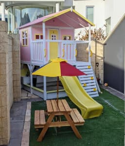Massive Elevated Cubby House with Sandpit Slide and Mud Kitchen
