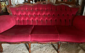 Red VELVET Antique Parlour Lounge - 3 Seater - Immaculate Condition