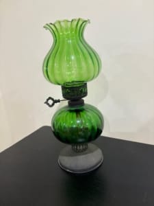 Green Glass Oil Lamp Handblown Tulip Design