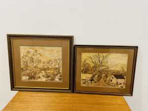 2 vintage bark and dry flower collage works one has nice gilt frame