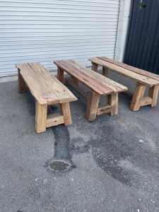 Rustic timber bench seats made of salvaged Ironbark hardwood