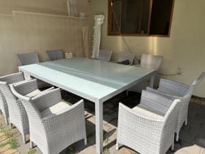 10 SEAT OUTDOOR WICKER AND GLASS TOP DINING TABLE AND CHAIRS SETTING
