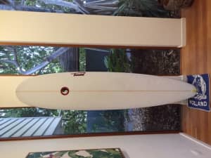 8ft Town & Country Hawaii surfboard, fins, cover, leg rope.