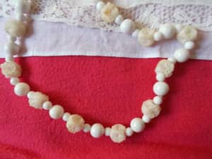 Necklace white round beads cream cuboid beads 45cm push tongue clasp