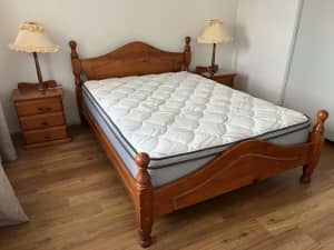 Queen size bed frame, side tables, lamp shades, TV unit ( free TV)