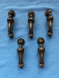 5 Antique old style solid brass cabinets pull handles knobs.