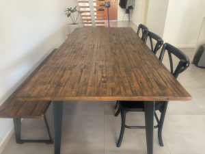 Industrial style table, 3 x chairs and seat bench