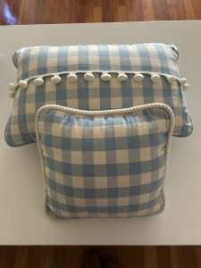 Two custom made cushions gingham blue and white