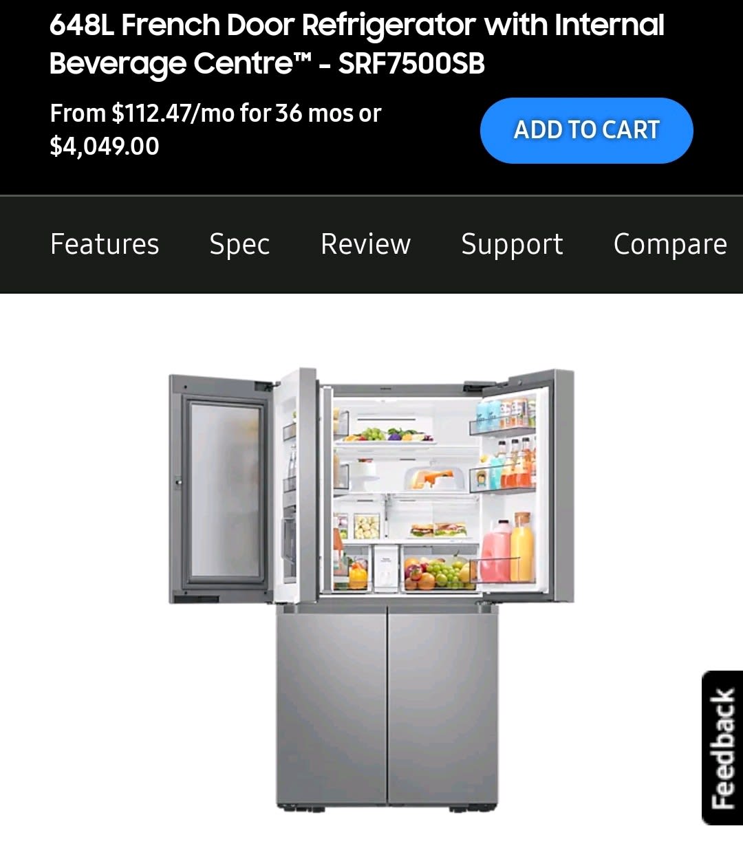 srf7500sb 648l french door refrigerator
