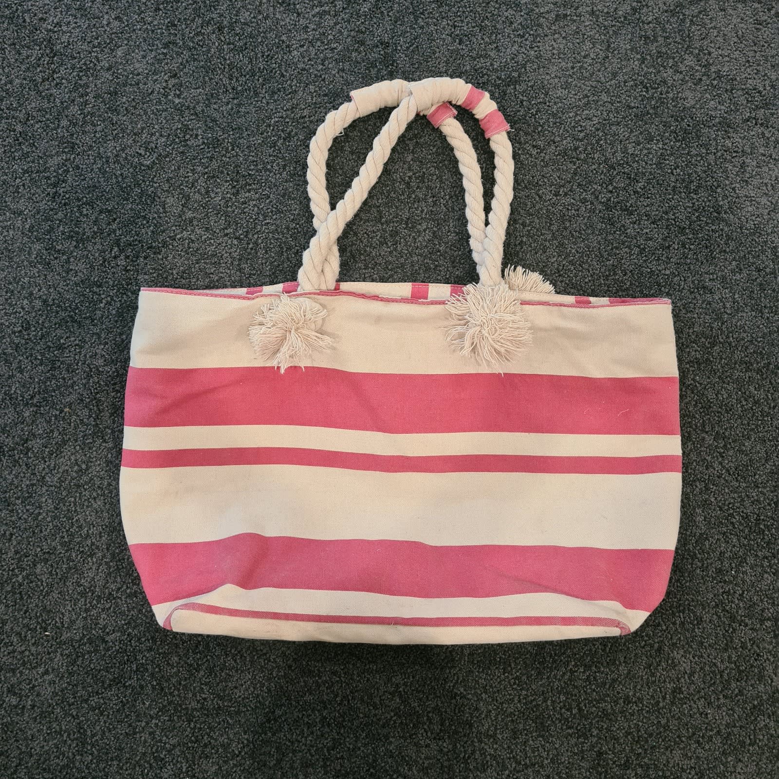 Victoria's Secret Take Me To The Beach White and Pink Stripe Canvas Tote  Bag with Rope Handle