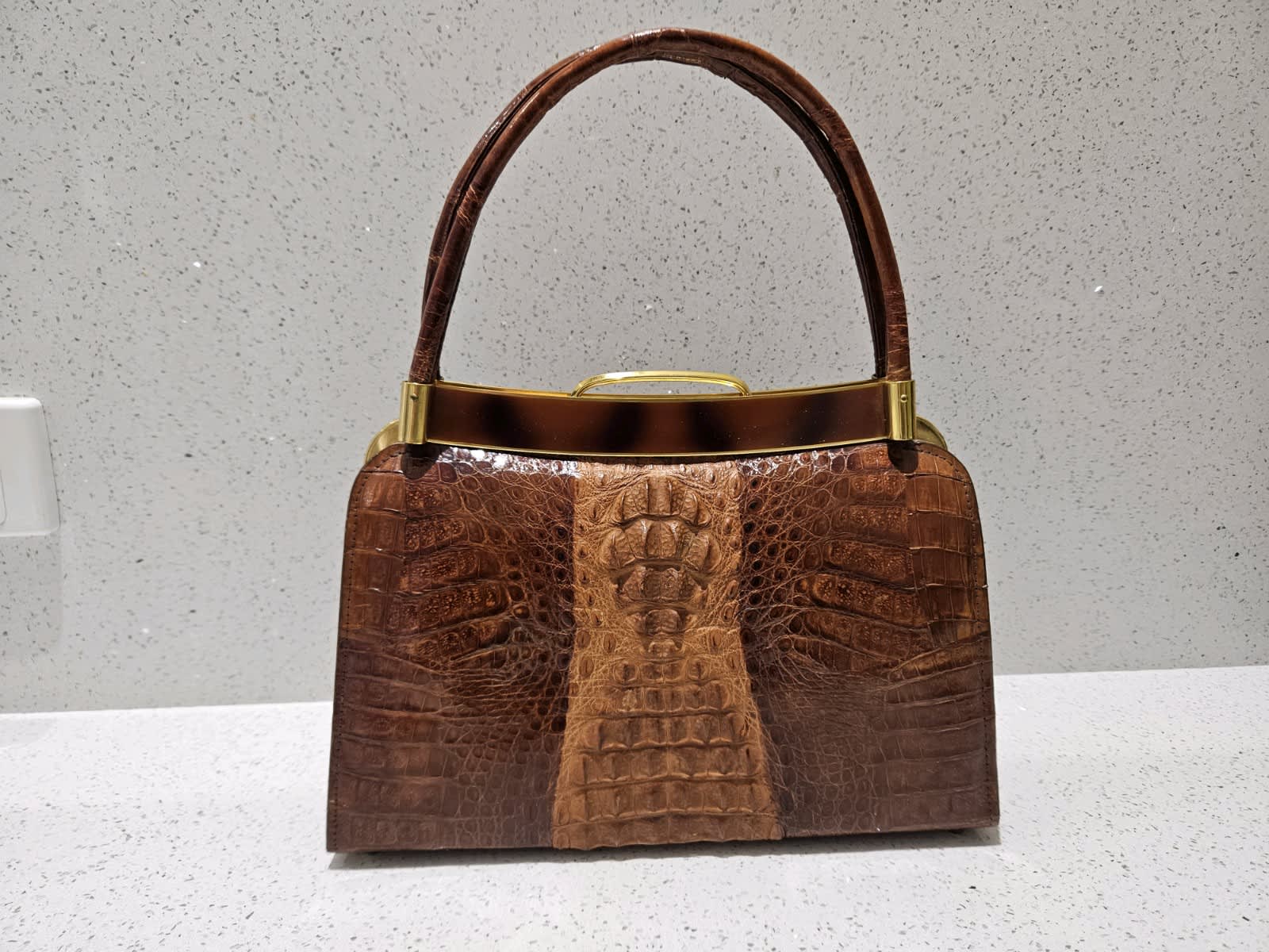 Stunning Brown & Tan 1960's Hornback CROCODILE Skin Handbag - Vintage Skins