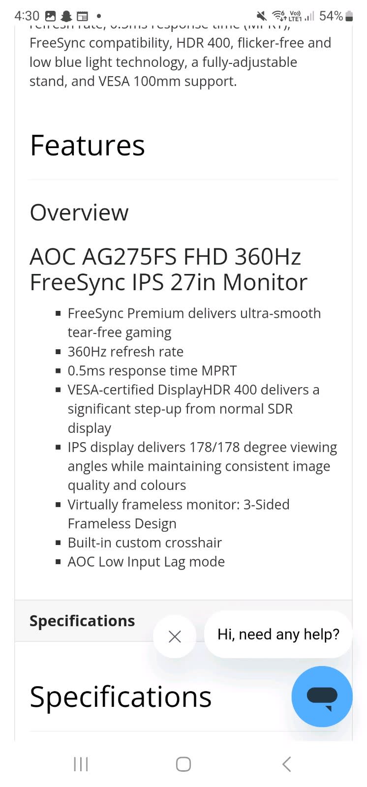 AOC AGON AG275FS 27 FHD FreeSync Premium 360Hz 0.5MS VESA DisplayHDR 400  IPS W-LED Gaming Monitor