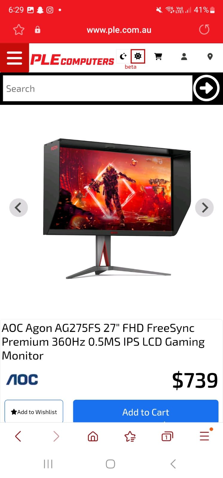 27 AOC AG275FS 360Hz FHD 0.5ms FreeSync IPS Gaming Monitor