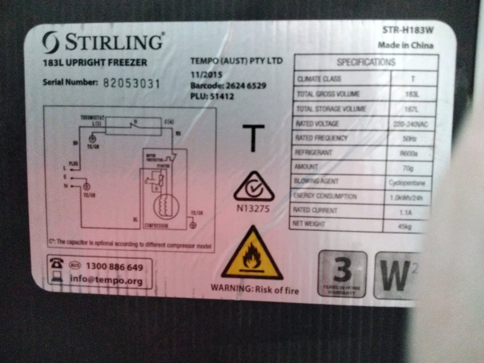 stirling 183l upright freezer price