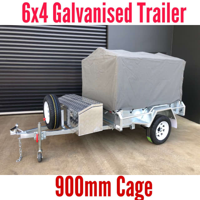 6x4 Single Axle Trailer Galvanised with 900mm Cage, Cover, Toolbox