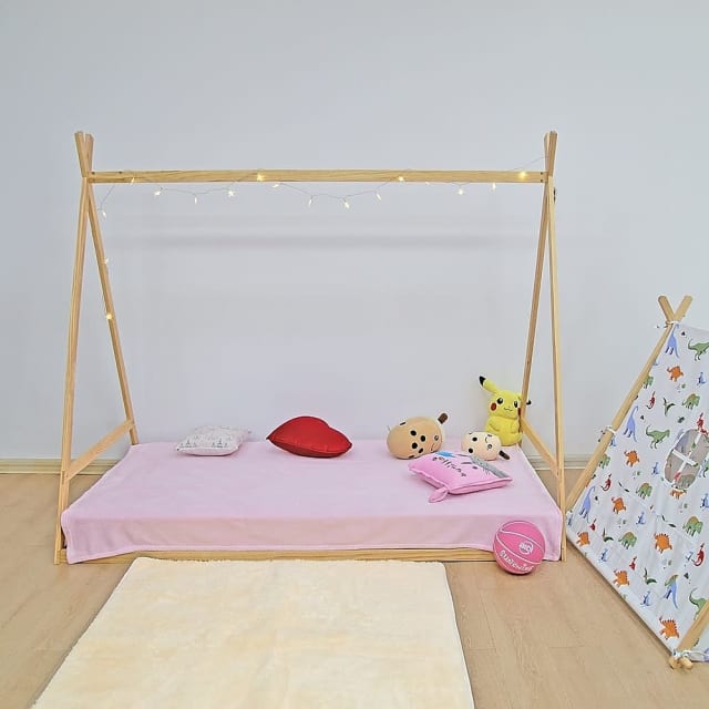 Kids Tent Montessori Toddler Floor Bed Wooden Bedframe Cots & Bedding