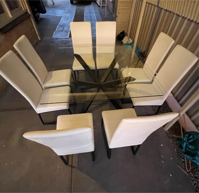 Square Temperated glass dinner table with 8 white chairs Dining