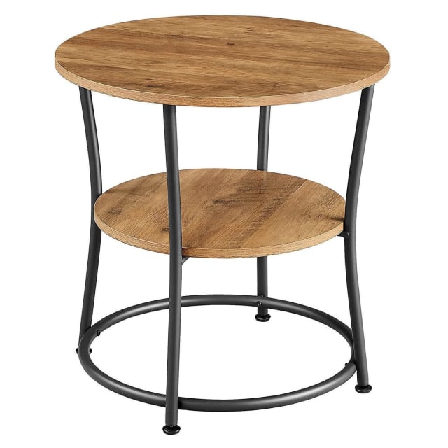 2 Tier Round Wooden Side Table Wood Steel Sofa Coffee Shelf Office