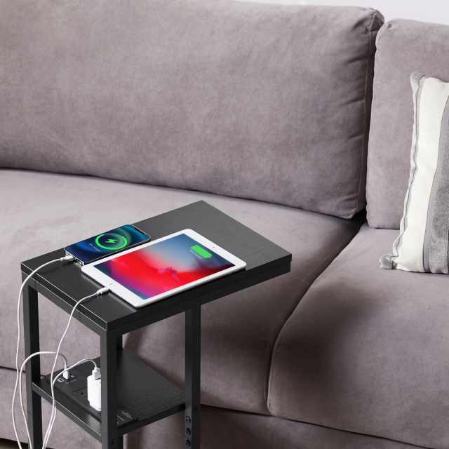 EShaped Sofa Side Table with Power Board, Black Buffets & Side