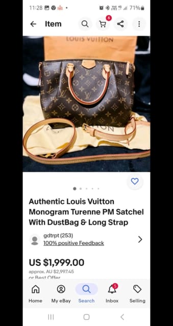 Authentic Louis Vuitton Monogram Turenne PM Satchel With DustBag & Long  Strap