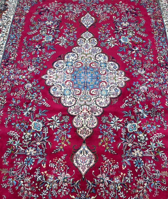 Large room size wool and silk handmade antique Persian Yazd rug 3.9x3m